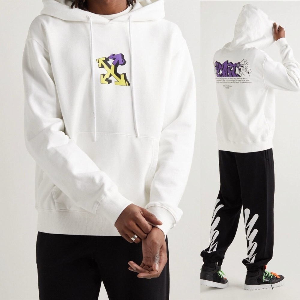Off-White Printed Cotton-Jersey Hoodie in White sz M